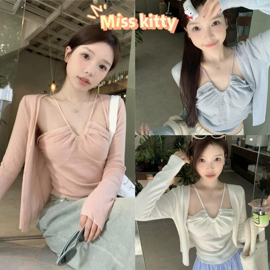 Miss Kitty จัดส่งที่รวดเร็ว "N13+N13-1" เสื้อคลุม+สายเดี่ยวไหมพรม สีพาสเทลน่ารัก ใส่สบายมาก
