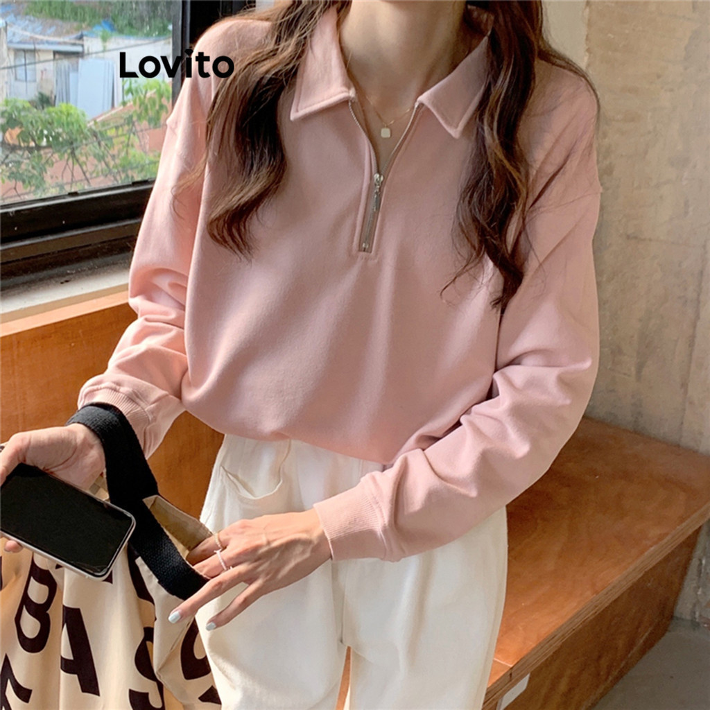 Lovito เสื้อกันหนาวผู้หญิง ทรงเบสิก แขนยาว มีซิปรูด สีพื้น สไตล์ลำลอง LNE35014 (สีแอปริคอท/สีม่วงอ่อน/สีชมพู/สีดำ)