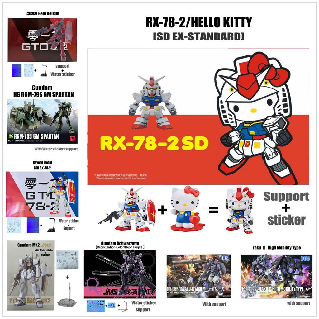 ใหม่ Gundam SD Hello Kitty RX-78-2 HG RGM-79S GM Spartan Casval Rem Deikun HG Schwarzette Psycho Zak