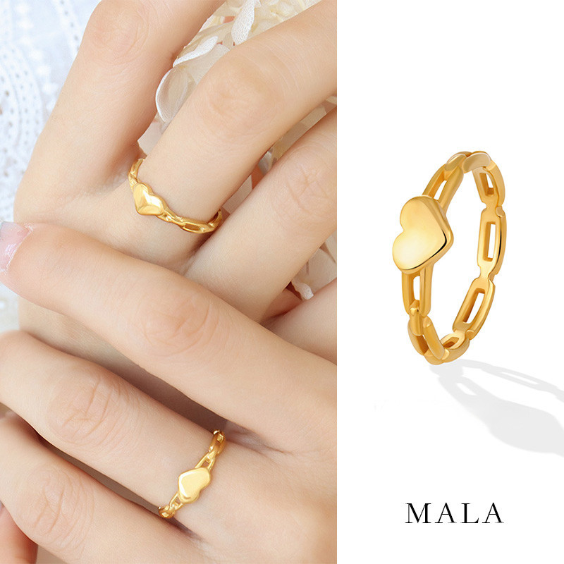 แหวนเหล ็ กไทเทเนียมชุบทอง 18k สําหรับผู ้ หญิงโซ ่ โลหะสไตล ์ แหวนรูปหัวใจ