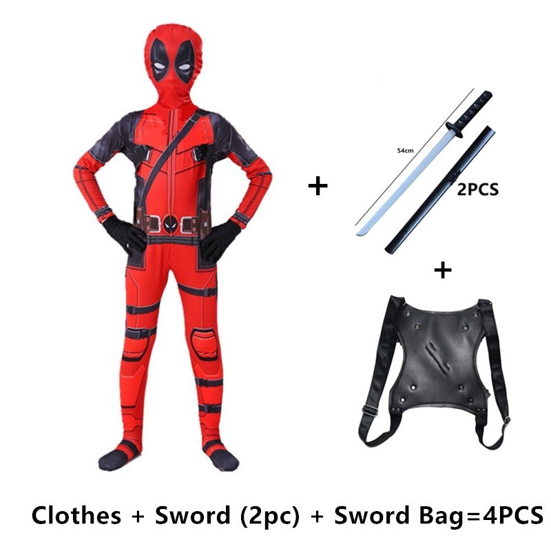 Deadpool Superhero บอดี ้ สูทภาพยนตร ์ Hero Jumpsuit ฮาโลวีนคอสเพลย ์ บอดี ้ สูทพร ้ อมอุปกรณ ์ เสริมดาบ