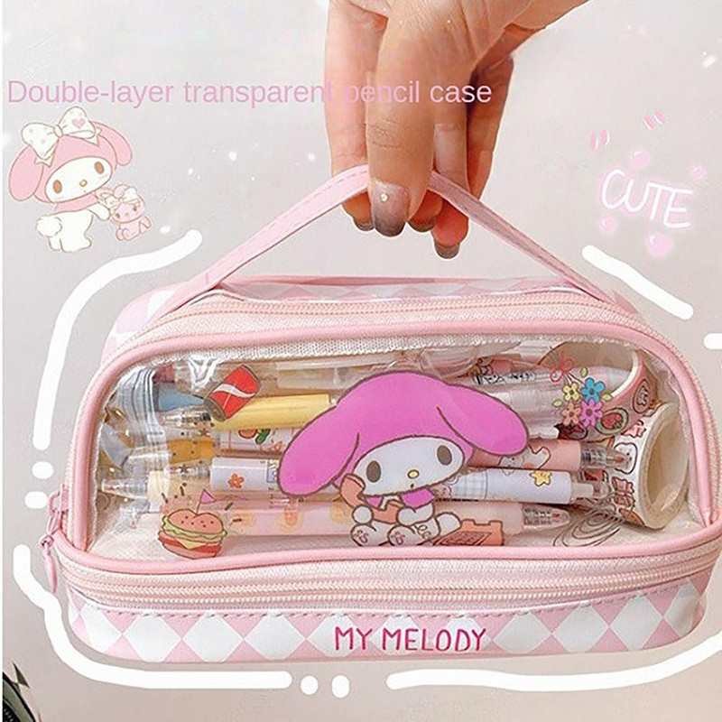 กล่องดินสอ Sanrio Kuromi Melody DUAL ชั้นโปร่งใสกล่องดินสอกระเป๋าเครื่องสําอางเครื่องเขียนความจุขนาดใหญ่