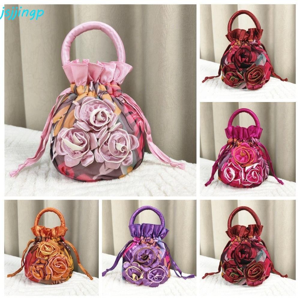 Jsjjingp Drawstring Bucket Bag, ซาตินผ้าไหม Retro Rose ดอกไม้กระเป๋าถือ, กระเป๋าสตางค์สไตล์ชาติพันธุ์หลายสีแบบพกพา Hanfu กระเป๋าของขวัญ