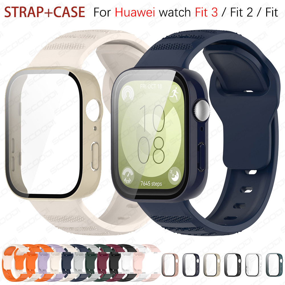 2in1 สายซิลิโคน + เคสสําหรับ Huawei Watch Fit 3 / Fit 2 / Fit Smart Watch Band Glass Protector +Cover