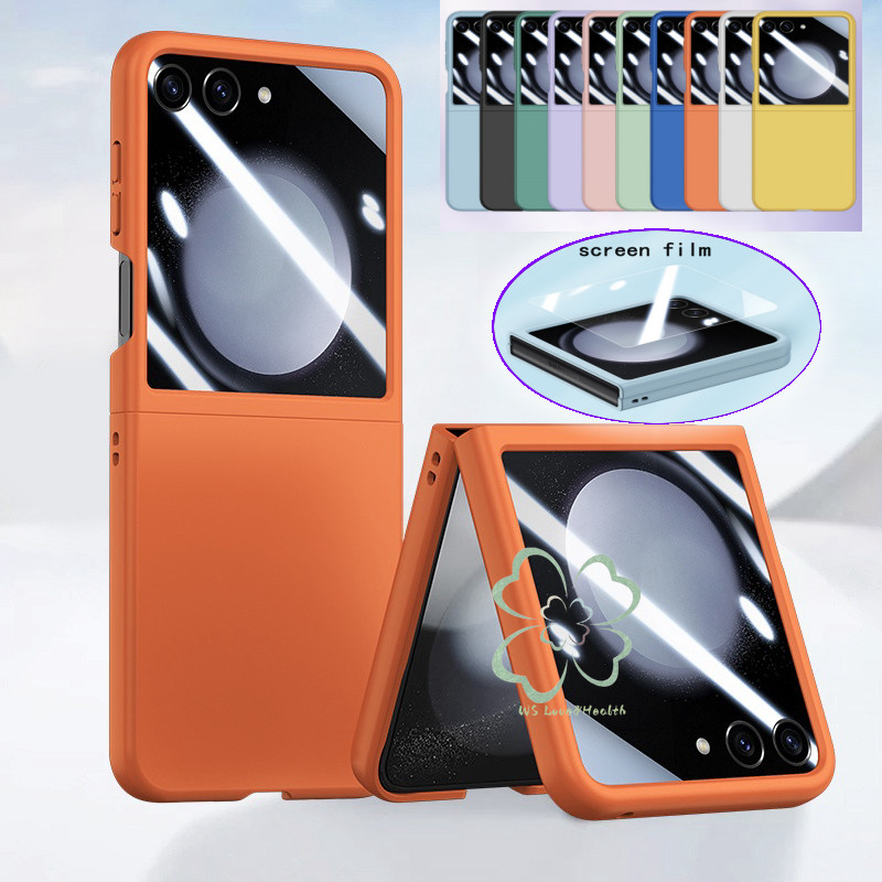 Slim Large Window Hard Flip Case Casing Samsung Galaxy Z Flip 6 Z Flip 5 ฟิล์มกระจกนิรภัยหน้าจอป้องกันสีทึบพับฝาหลัง