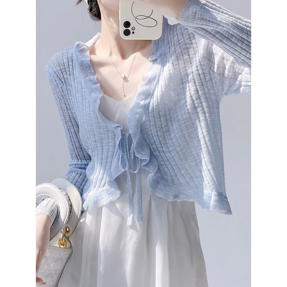 Gakki เสื้อคาร์ดิแกนคลุมไหล่กันแดดผู้หญิงผ้าตัวสั้นขนาดเล็ก คลุมกันแดดแขนยาว ผ้านิ่มใส่สบาย ฟรีไซส์ พร้อมส่ง 2131#