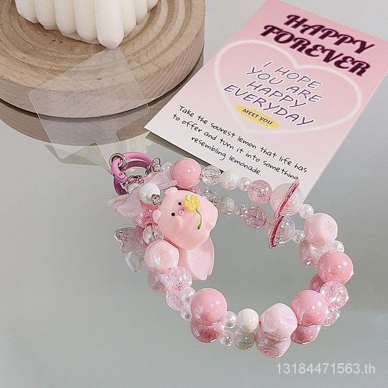 สุดน่ารักหัวหมูเครื่องประดับเคสโทรศัพท์การ์ตูนแขวนโซ่สร้อยข้อมือผู้หญิงถนนสวมใส่ ผู้มีอิทธิพล สีชมพูหวานลูกปัดโซ่