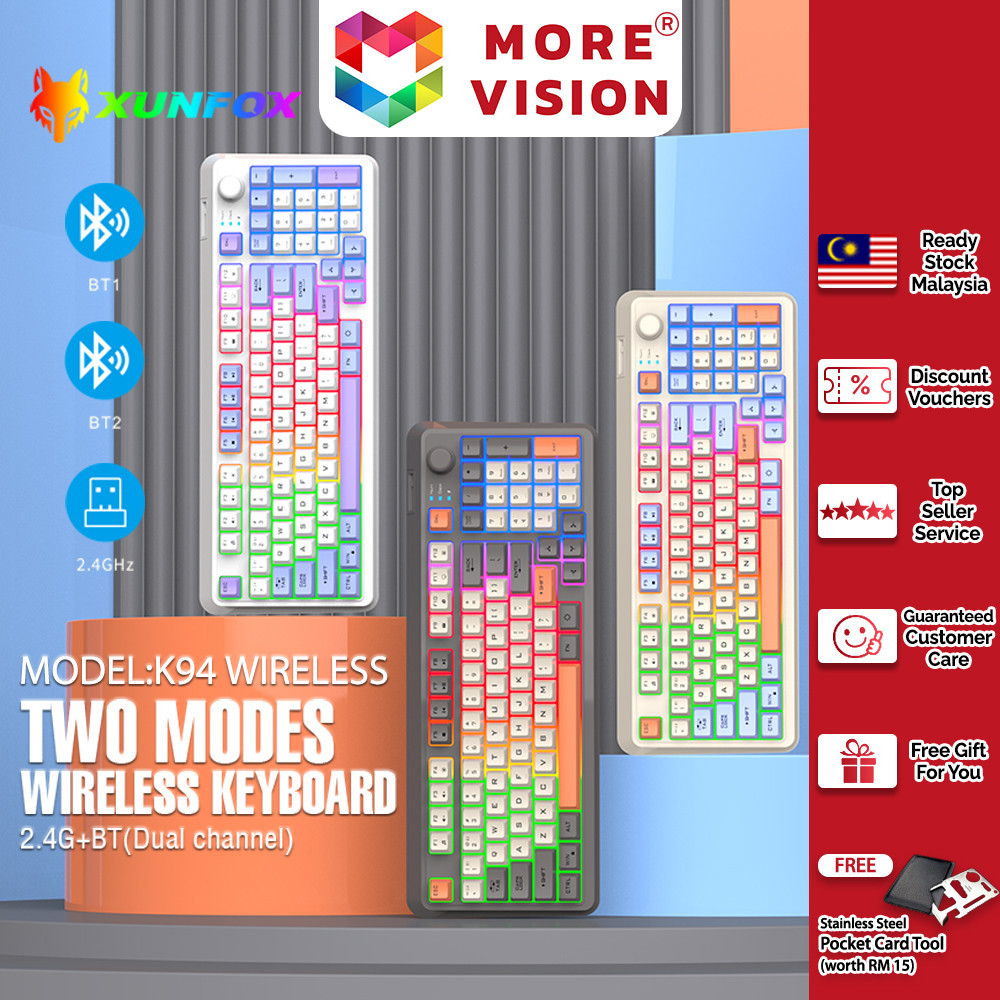XUNFOX K82 K94 คีย์บอร์ดเกมแบ็คไลท์ 94 คีย์ Backlit USB แบบมีสาย Dual Mode ไร้สายเงียบ 2.4G บลูทูธปร