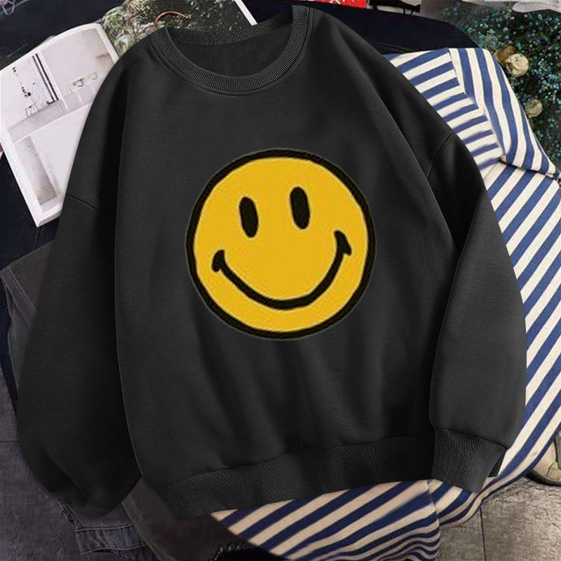 ฤดูใบไม้ร่วงยิ้มใบหน้าที่เรียบง่ายพิมพ์รอบคอเสื้อกันหนาวผู้หญิง โอ เวอร์ไซส์ อายุลดอเมริกันย้อนยุคคู่แขนยาวด้านบน