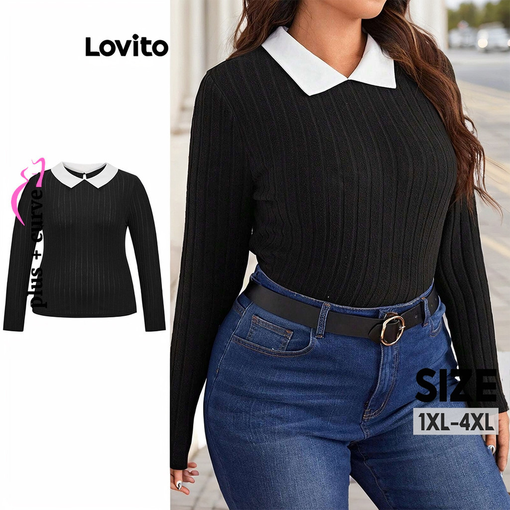 Lovito เสื้อยืดลําลอง คอปกโค้ง พลัสไซซ์ สีตัดกัน สําหรับสตรี LBL11213