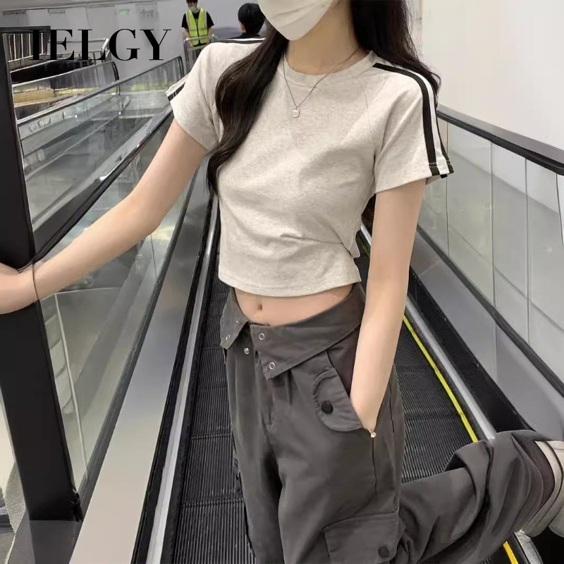 อิลกี้ อเมริกัน 2024 ฤดูร้อนใหม่เกาหลีรุ่นรอบคอไหล่บาร์เสื้อยืดแขนสั้นอเนกประสงค์สําหรับผู้หญิง