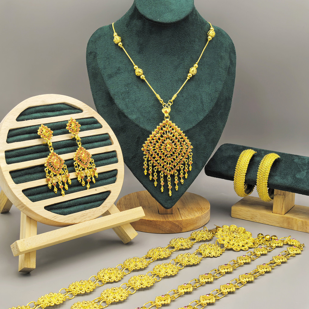 เครื่องประดับชุดนาฬ่าน5 ชิ้น ของสาวไทย ซีรีส์เพชรหลากสีแมตช์ได้กับชุด งานแต่งงานการแสดงเทศกาล และเครื่องประดับถ่ายรูปตาม