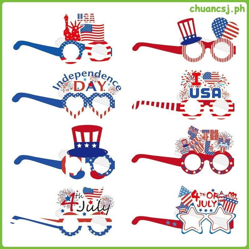 วันประกาศอิสรภาพแว่นตากระดาษ 4th of July แว่นตาตลกดึงธง 8 ชิ้น chuancsj