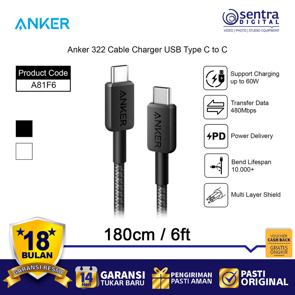 Anker 322 PowerLine USB Type C To C 60W สายถัก 6 ฟุต 180 ซม. - A81F6