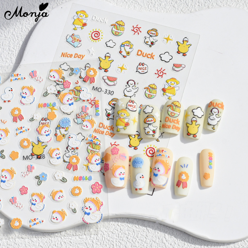 Monja 3D นูนสติกเกอร์เล็บสติกเกอร์บรรเทาเล็บการ์ตูนเป็ด Decals Self กาว Sliders Engrave ตกแต่งเล็บ