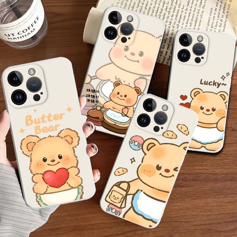 สําหรับvivo V25e V23e V23 V20 Pro V15 S1 Pro V11i V9 เคสโทรศัพท์การ์ตูนเนยหมีซิลิโคนสแควร์ขอบนุ่ม