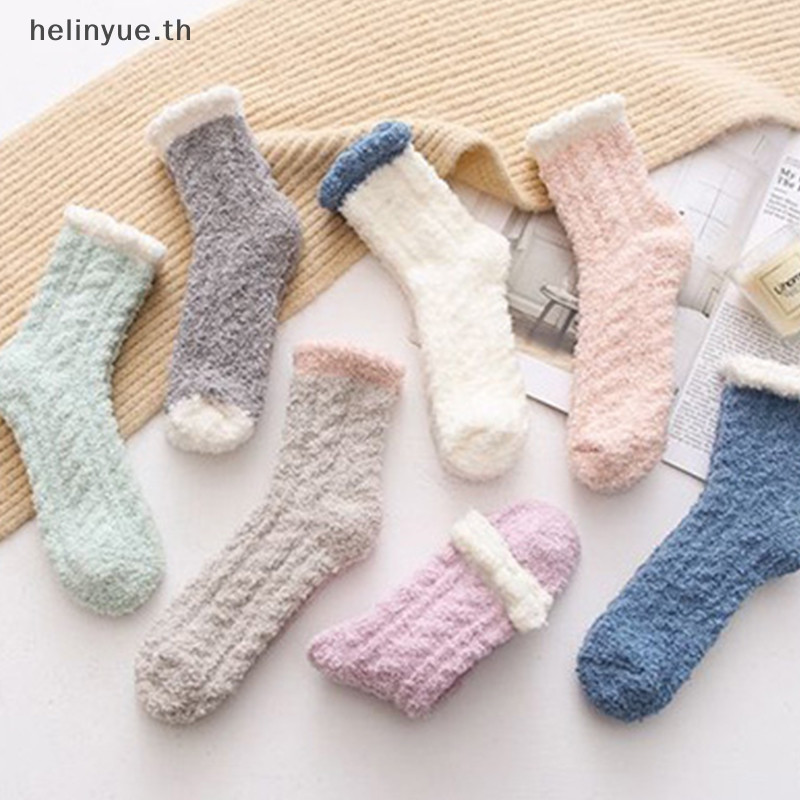 Helinyue ป้องกันลมกลางแจ้งและความอบอุ่น ถุงเท้า Soft Plush Fluffy ถุงเท้า Thicken Warm หญิงฤดูหนาวขนสัตว์ขนแกะเรียงรายรองเท้าแตะถุงเท้า TH