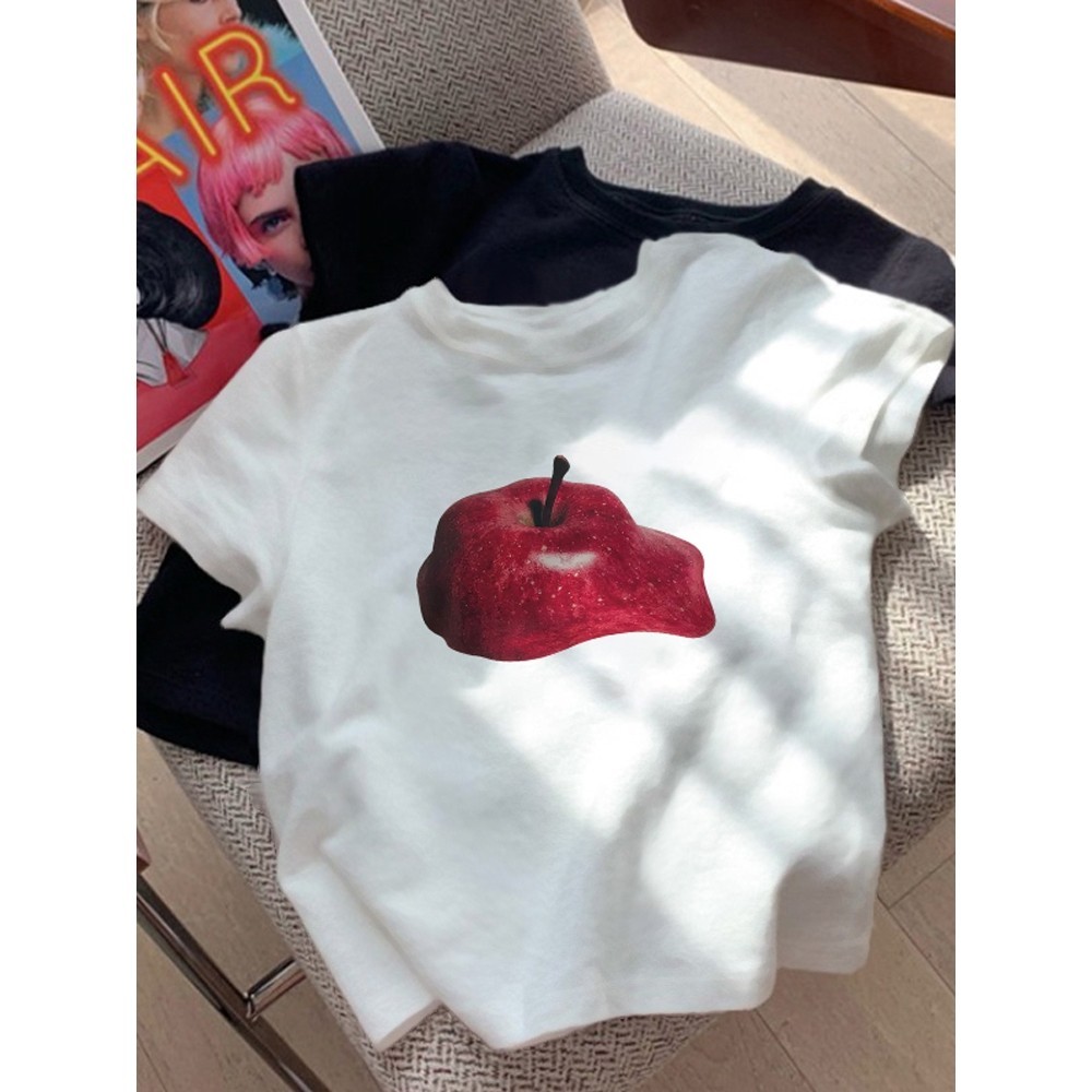 Basi เสื้อยืดแขนสั้น ลายตัวอักษรมินิมอลเกาหลีมากๆ หลวม unisex ผ้าคอตตอนนิ่มมากไม่หด เสื้อคู่ Apple
