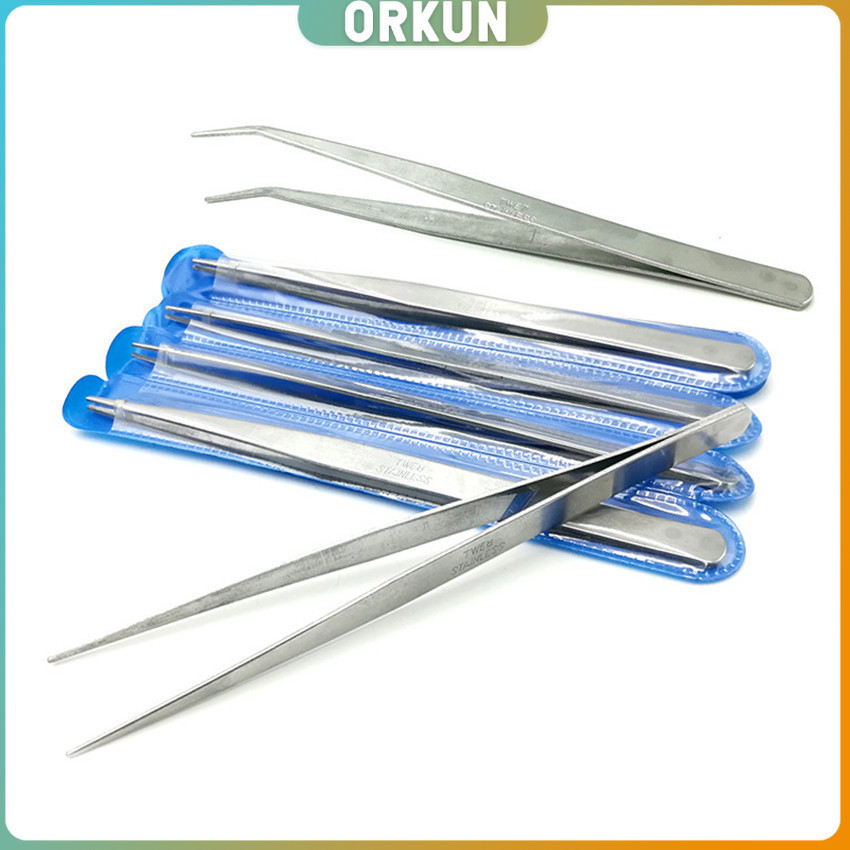 Orkun คีบหนีบสแตนเลส คีมหนีบอเนกประสงค์ มี 2 แบบ ปากคีบงอ ปากคีบแหลม  Stainless steel tweezers