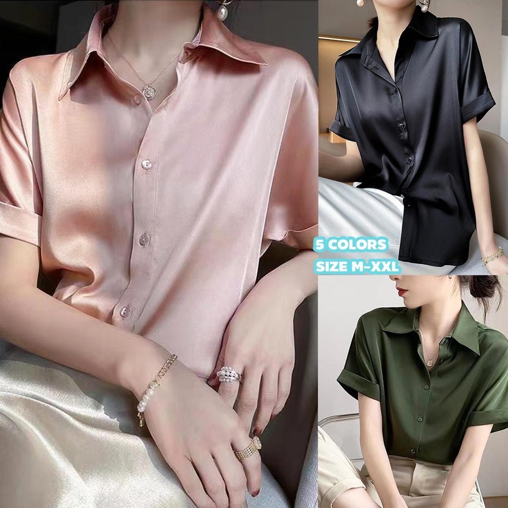 mimi&didi#เสื้อเชิ้ตเบลาส์แขนสั้นผู้หญิง ผ้าซาตินเนียนนุ่ม พรีเมี่ยม คอโปโลฝรั่งเศสด้านบน ใส่ทำงาน ทุกกาลเทศะ เก๋ๆ#W413