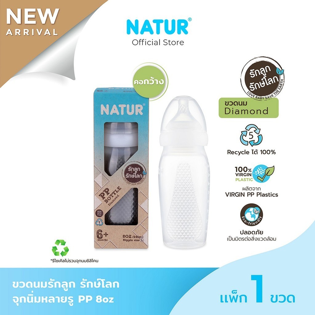 NATUR เนเจอร์ ขวดนมรักลูก รักษ์โลก ขวดนมเด็ก ขวดนม PP 8oz ลาย Diamond