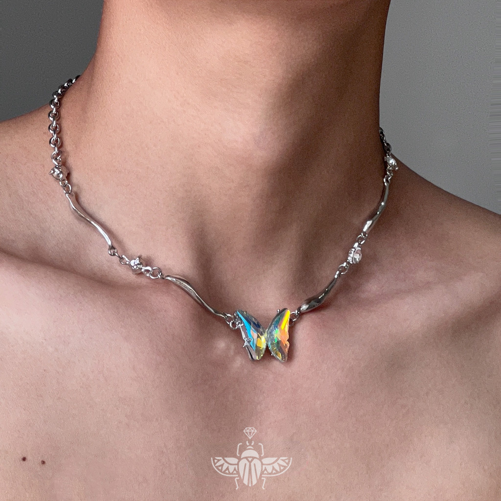 สร้อยคอโลหะผีเสื้อไล่ระดับสี Y2K สาวเผ็ดอินเทรนด์โซ่คอผู้ชายและผู้หญิง