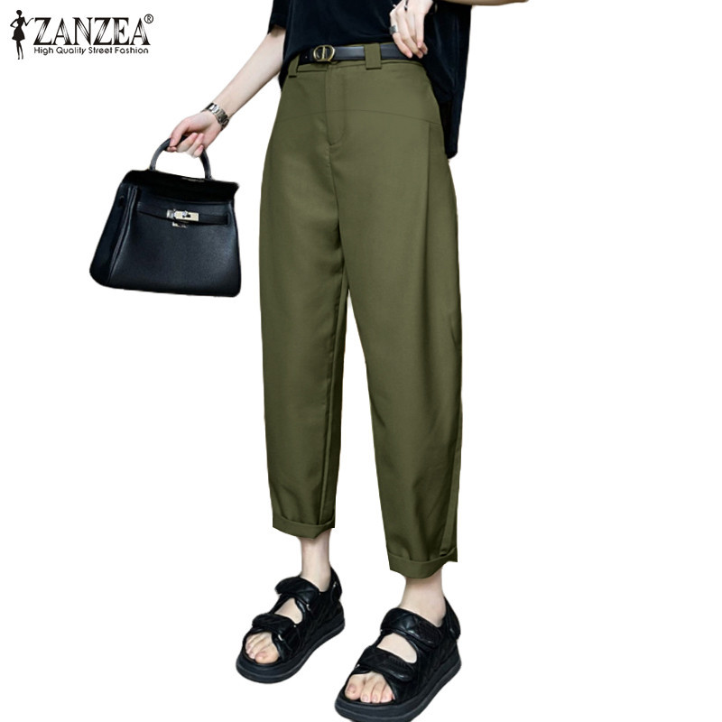 ZANZEA ใส่ ซานเซีย ผู้หญิงเกาหลีสบายๆสีทึบหลวมกระเป๋าไม่มีเข็มขัดจีบกางเกง