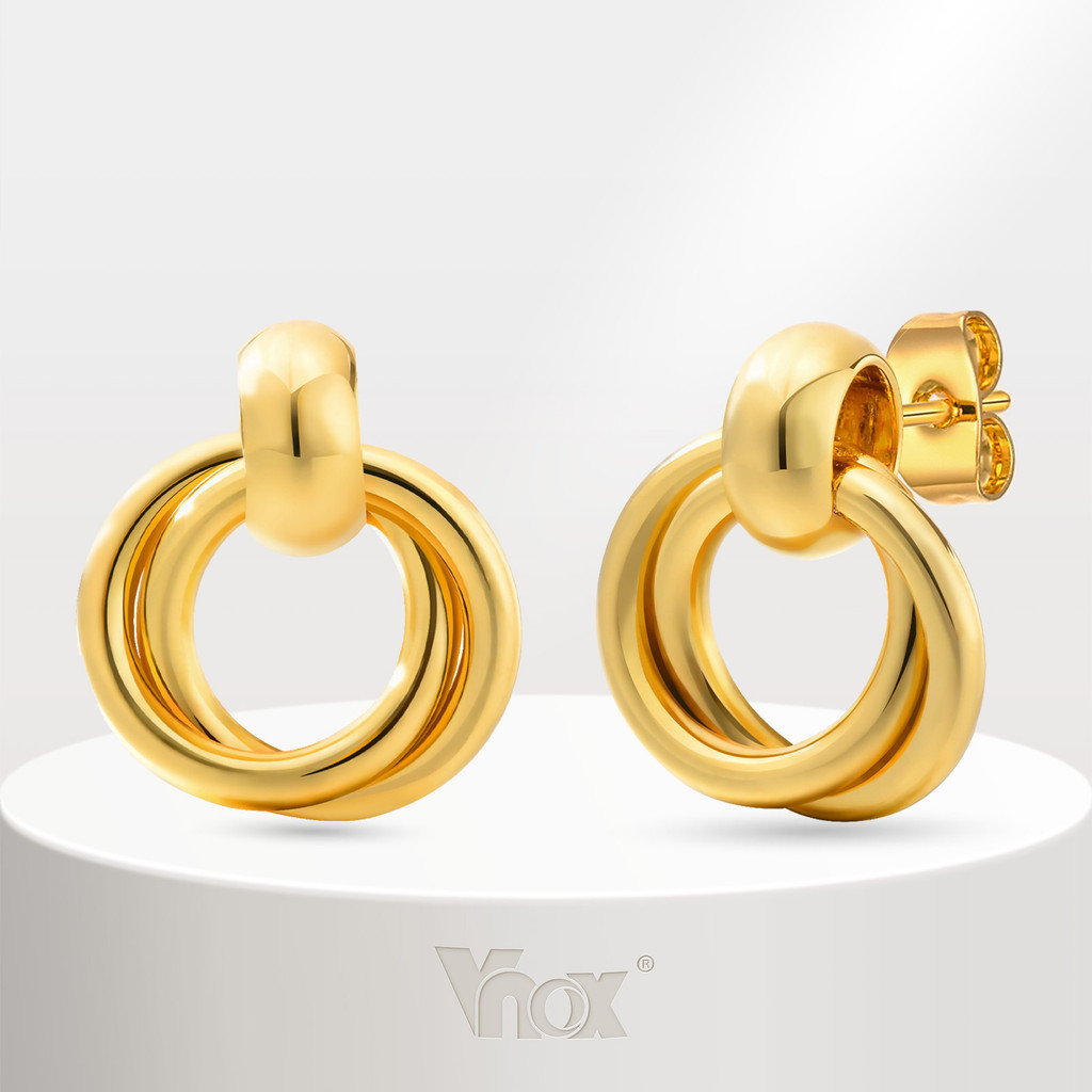Vnox ต่างหูสตั๊ดแหวนคู่สําหรับผู้หญิง,อุปกรณ์เสริมต่างหูหรูหราสีทอง 18K,เครื่องประดับสแตนเลส