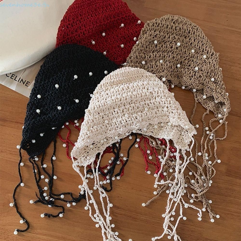 Sevenhome3e หมวกถัก, Beanies สานหมวก Hollow Pearl Tassels หมวกถัก, Retro Handmade โครเชต์ดอกไม้ Hollow Out สไตล์ชาติพันธุ์หมวกสาว