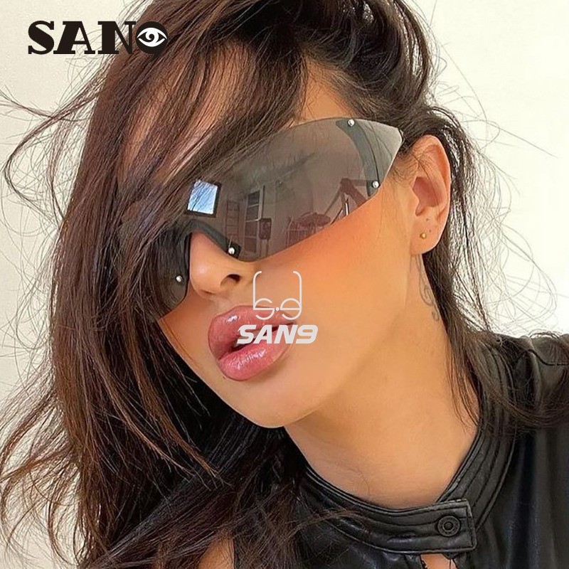บุคลิกภาพยุโรปและอเมริกา Frameless Integration Y2K Millennial Babes Cool แว่นกันแดดสีดําผู้หญิง