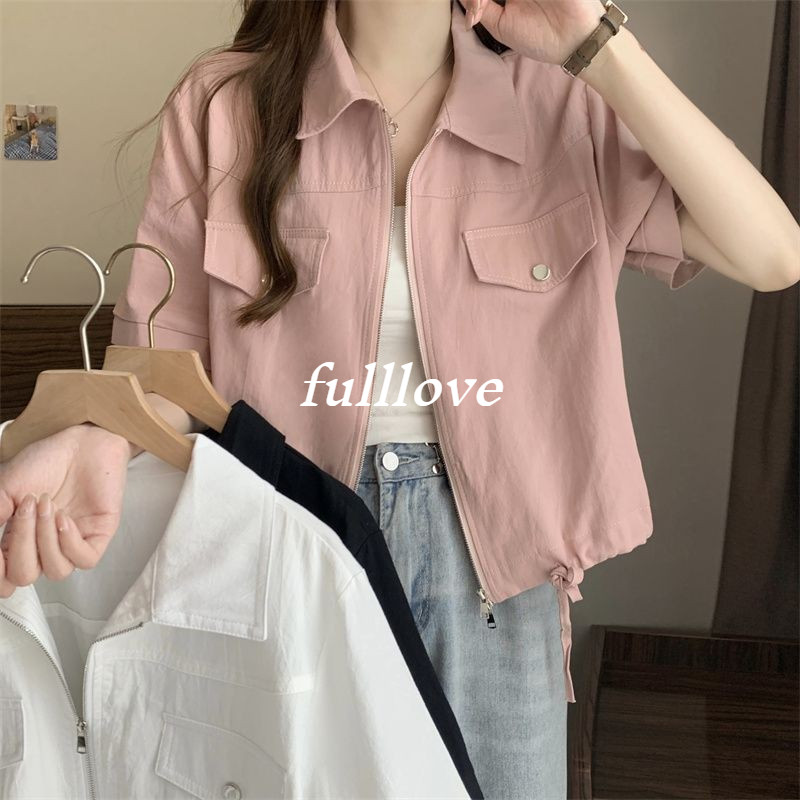 [ส่งไวจากไทย] Fulllove ฤดูร้อนใหม่เสื้อผ้าสตรีเกาหลีสั้นทํางานสไตล์เสื้อผ่อนคลายสันทนาการ เชือกรูด ซิปรายละเอียด
