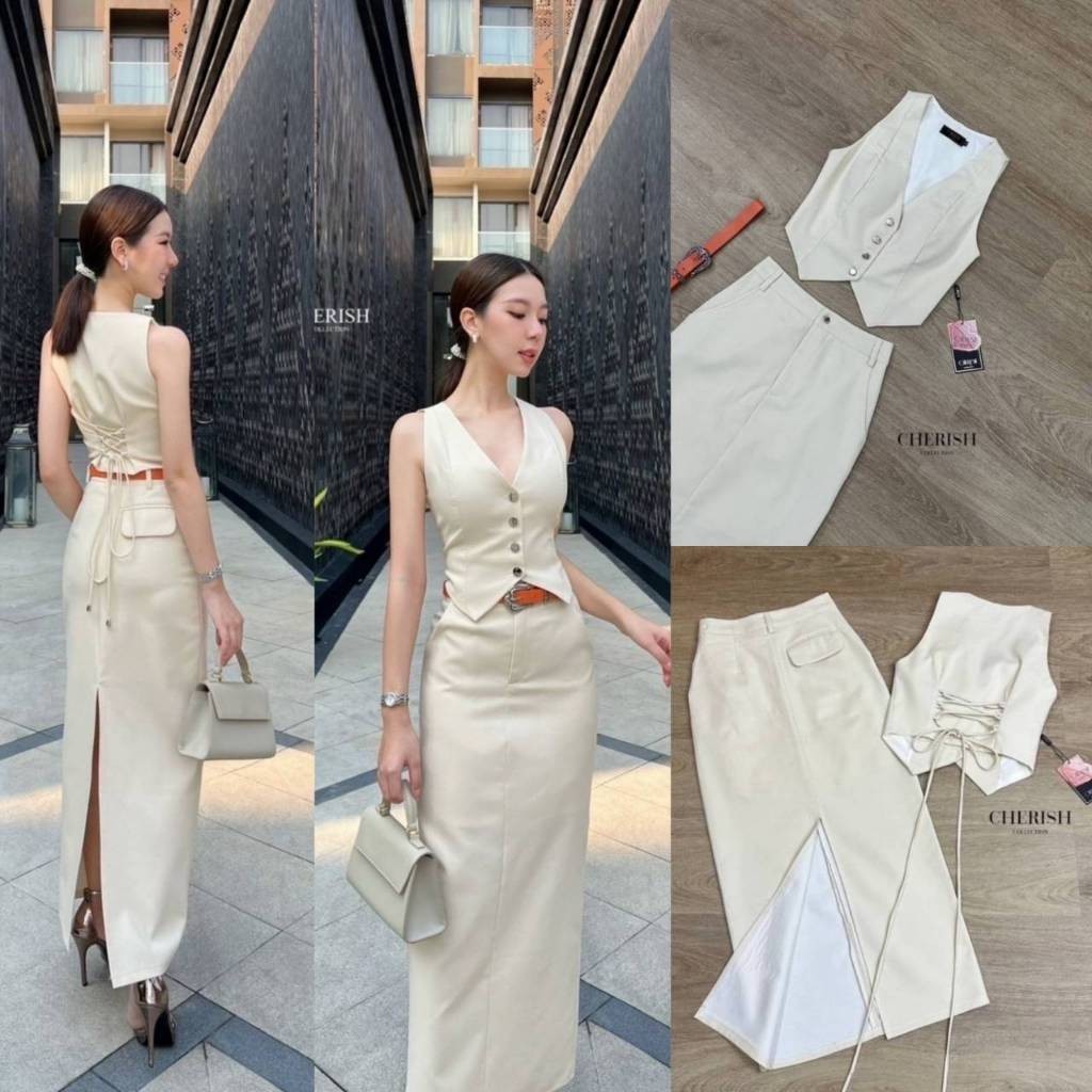 Nutcha. (พร้อมส่ง) Cherish4 Set ผ้าลินิน 3 ชิ้นสุดคุ้ม เสื้อครอบแขนกุด กระดุมสีเรียง Nc.shop