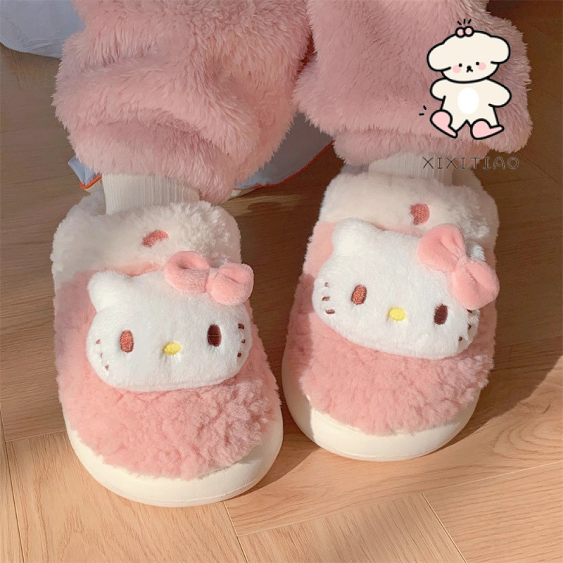 Xixtiao รองเท้าแตะผ้าฝ้าย Hello Kitty ของแท้หญิง Sanrio สาวน่ารักหัวใจ Warm Furry