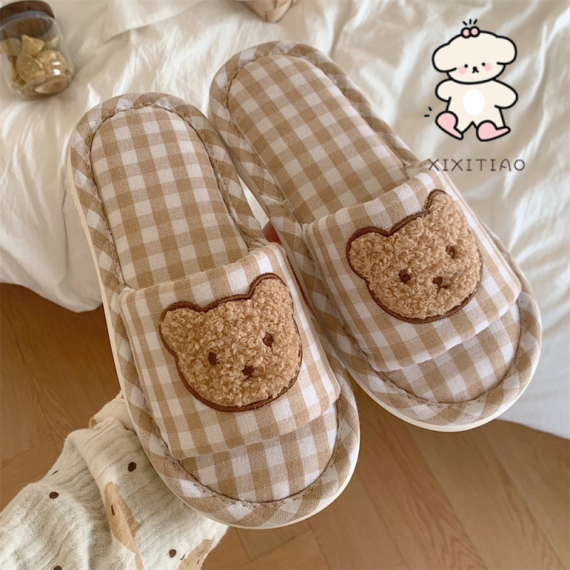 Xitiao สุภาพสตรีสไตล์ใหม่รองเท้าแตะนุ่มSoledน่ารักลายสก๊อตหมีFour Seasons Homeผ้าลินินรองเท้าแตะ