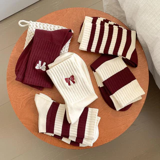 ToyNo.1🧸พร้อมส่ง🧸 "CW-2" ถุงเท้าผู้หญิง สีไวน์แดง ดีไซน์โบว์มินิ ทันสมัย สไตล์อะคาเดมี่