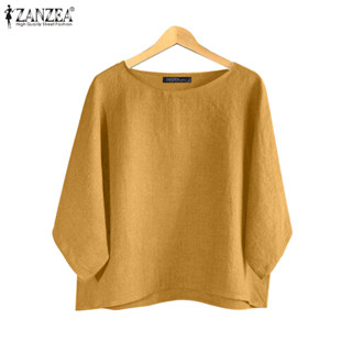 Zanzea เสื้อลําลองคอกลม 3/4 แขนค้างคาวปีกเสื้อเชิ้ตสีดิน