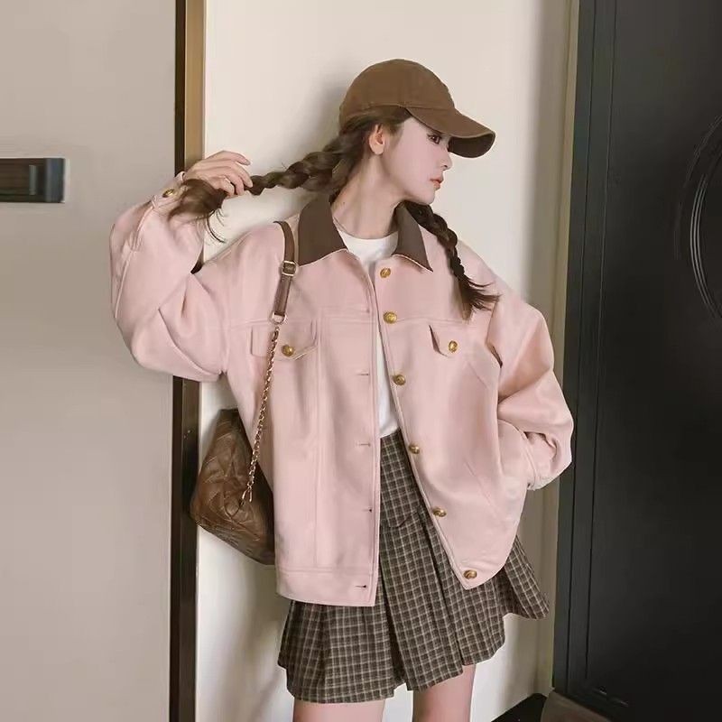 สีชมพูหนังนิ่มกางเกงคาร์โก้ผู้หญิงฤดูใบไม้ผลิฤดูใบไม้ร่วงหวานขนาดเล็กกระโหลกสไตล์แจ็คเก็ตลําลองด้านบน