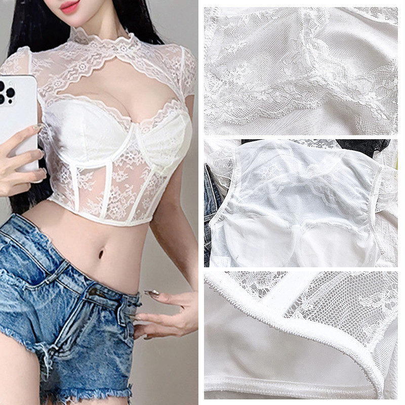 🔥【เตรียมส่ง】🔥เสื้อคอกลมลูกไม้ Bottoming ก้างปลากลวงออกด้านบนพอดีตัว สะดือสั้นด้านบน - รูปที่ 3