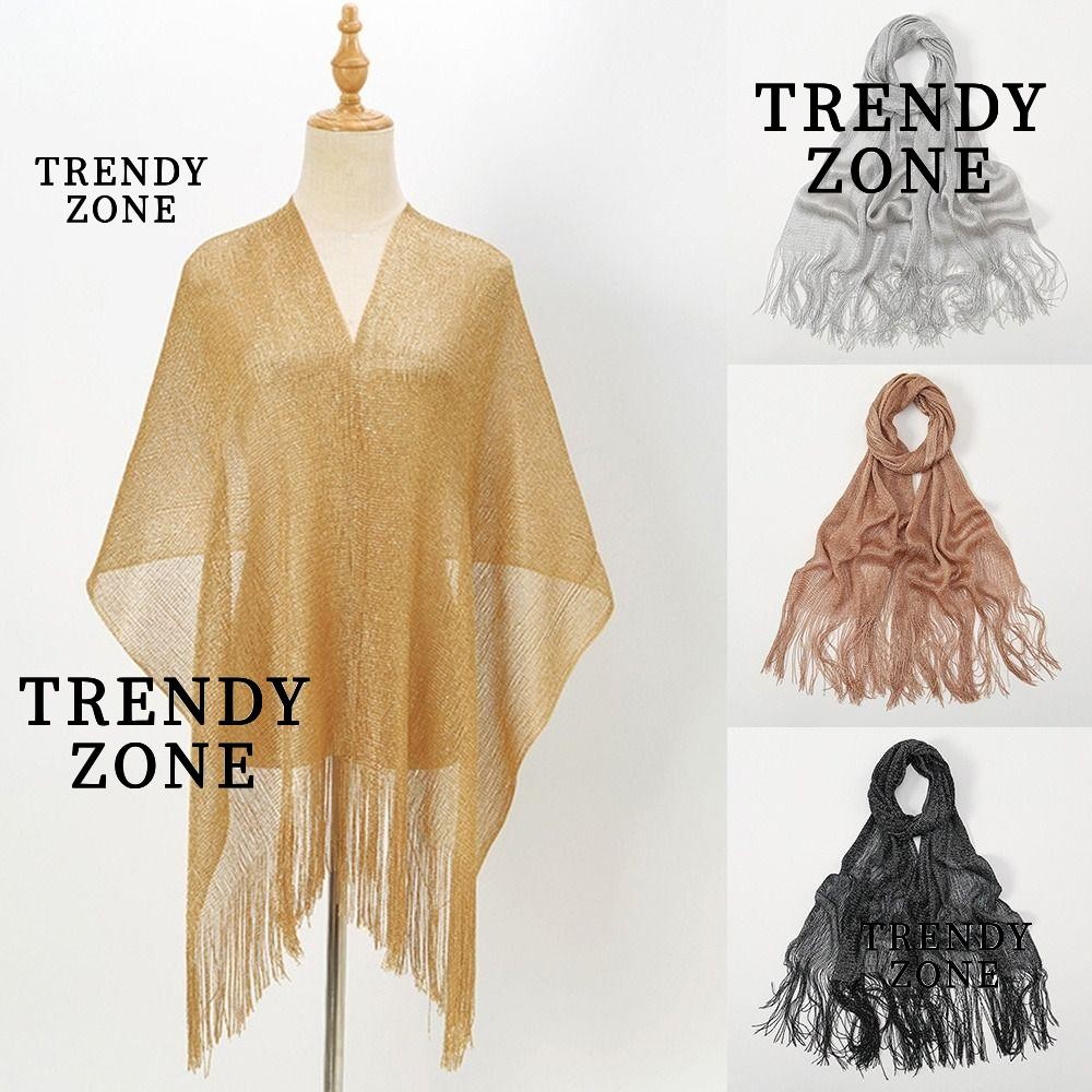 Trendysone ผ้าพันคอ, ผ้าคลุมไหล่เดรสสีเงินสีทองอารมณ์, ฤดูร้อนป้องกันแสงแดดพู่หรูหรา Pashmina สําหรับผู้หญิง
