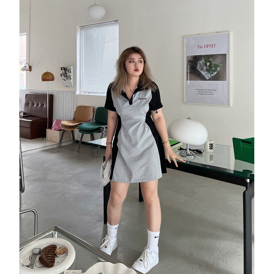 M-5XL 40-150KGPlus Size Fat mm Color-blocking Waist Slimming POLO Short Sleeve Dress for a Youthful 