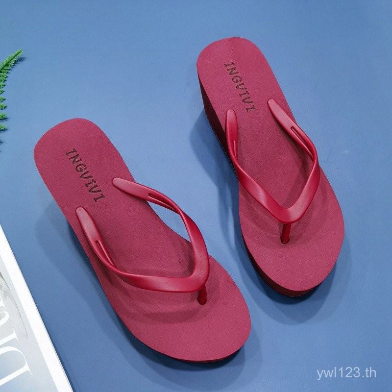 รองเท้าแตะส้นสูง 9 ซม. สีพื้น เหมาะกับเดินชายหาด สําหรับผู้หญิง