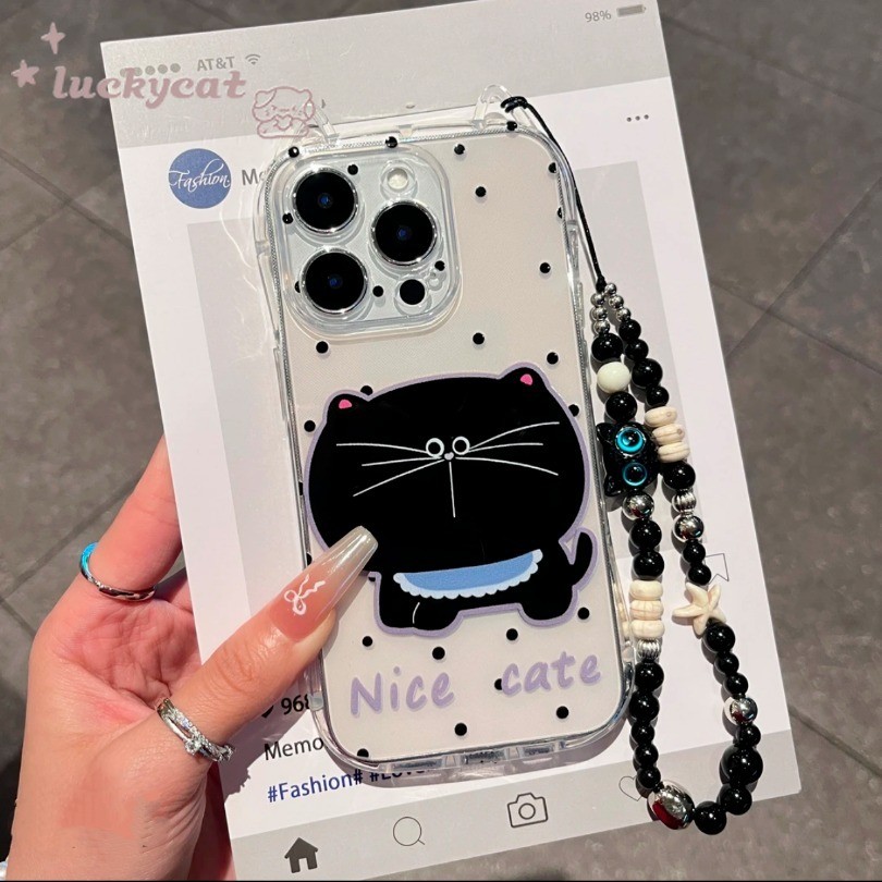 Iphone 16 15 14 13 12 11 Pro Max X Xr Xs Max 7 8 Plus SE2020 เคสโทรศัพท์หูแมวน่ารัก Big Faced Fat Cat + Lanyard Clear Soft ฝาหลัง