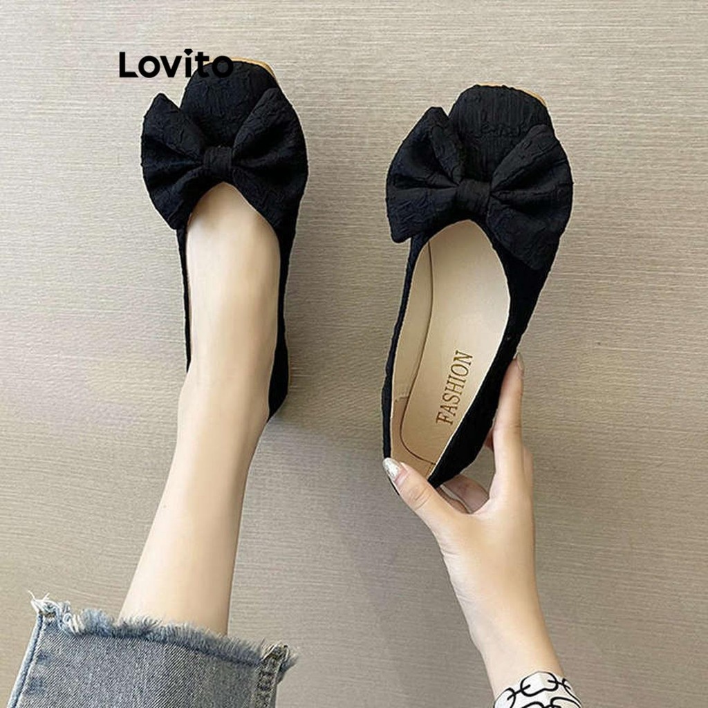 Lovito ลําลองธรรมดาโบว์ประกบอเนกประสงค์ด้านล่างนุ่มกันลื่นบัลเล่ต์แบนสําหรับผู้หญิง LFA59322