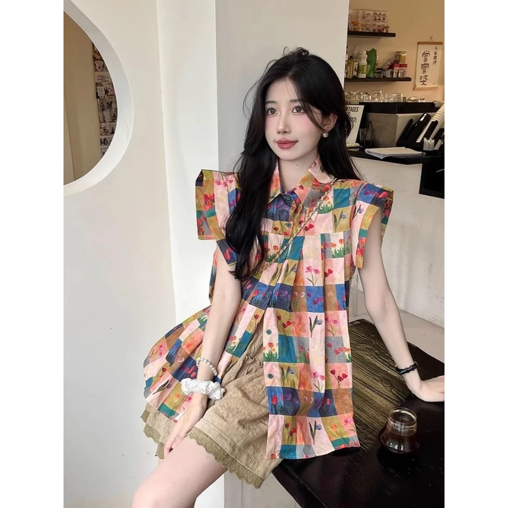 Chili Koko เสื้อเชิ้ตทรงหลวมแขนสั้นลายดอกไม้สไตล์ฝรั่งเศส w579 thumbnail 7