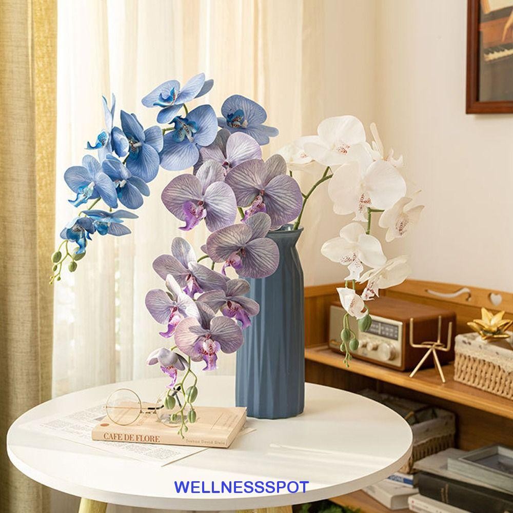 Wellnessspot สาขาฟาแลนนอปซิสประดิษฐ์ 9 หัวดอกไม้กล้วยไม้ผีเสื้อ, แจกัน DIY ตกแต่งสัมผัสจริงทําด้วยมือดอกไม้ปลอมโรงแรมร้านอาหาร