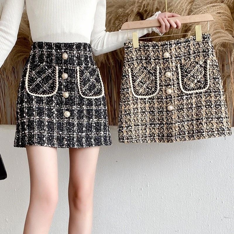 suysuy พร้อมส่ง กระโปรงสั้นไหมพรมเอวสูง S-5XL ผ้าทวิส ชุดกระโปรงผู้หญิงแฟชั่นเกาหลี กระโปรงทำงานทรงเอมีซับใน