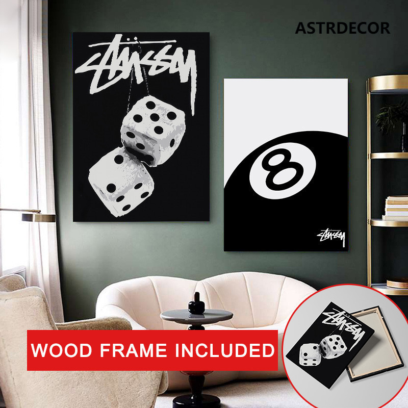 (พร้อมกรอบ) สีดําและสีขาว Wall Art ผ้าใบพิมพ์ No.8 Ball โปสเตอร์บิลเลียด Club Theme ห้องนั่งเล่นทางเดินตกแต่งบ้าน