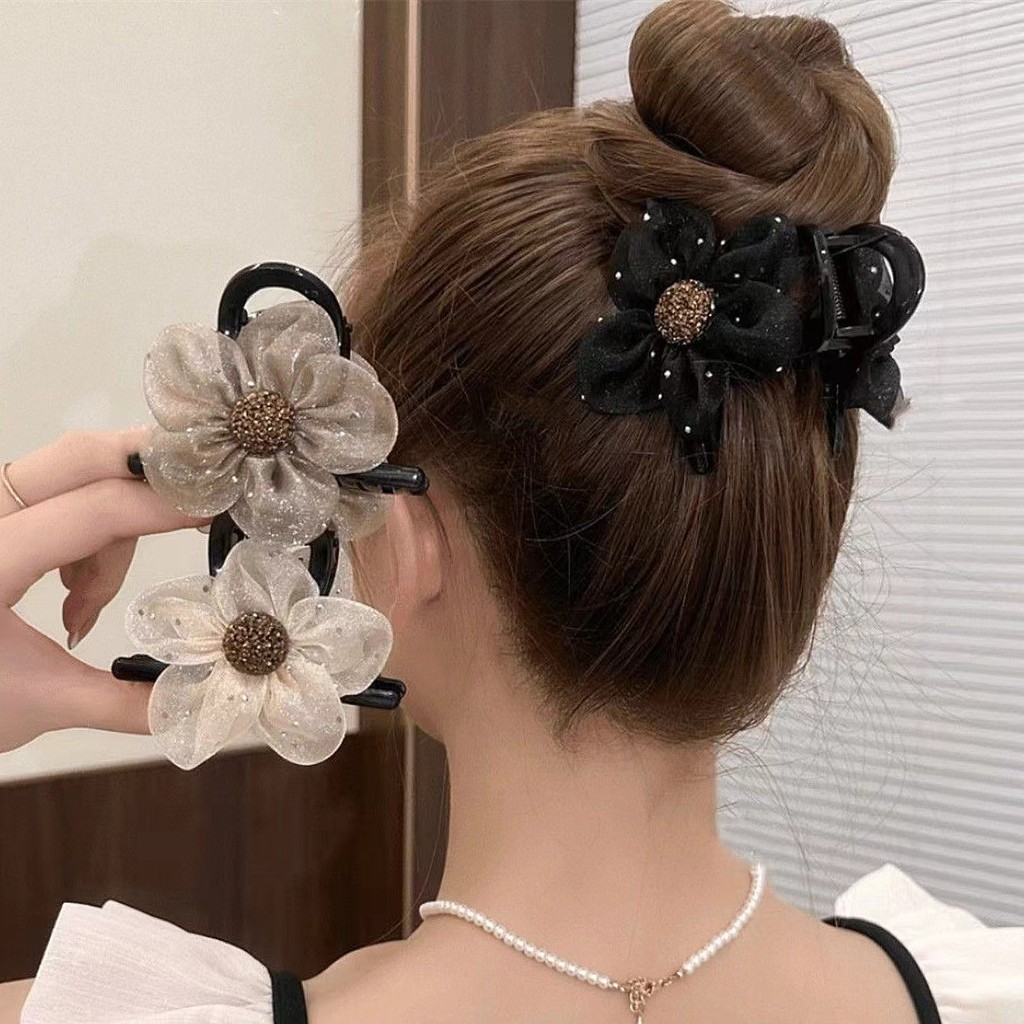 หญิง 2025 ตัวหนีบดอกไม้ Rhinestone ผ้ากอซสไตล์ใหม่