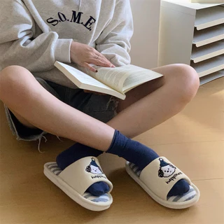 ฉี่เตียว รองเท้าแตะลูกสุนัขน่ารักผ้าฝ้ายผ้าลินินผู้ชายผู้หญิงลายบ้านรองเท้าดูดซับเหงื่อฤดูใบไม้ผลิฤดูร้อน