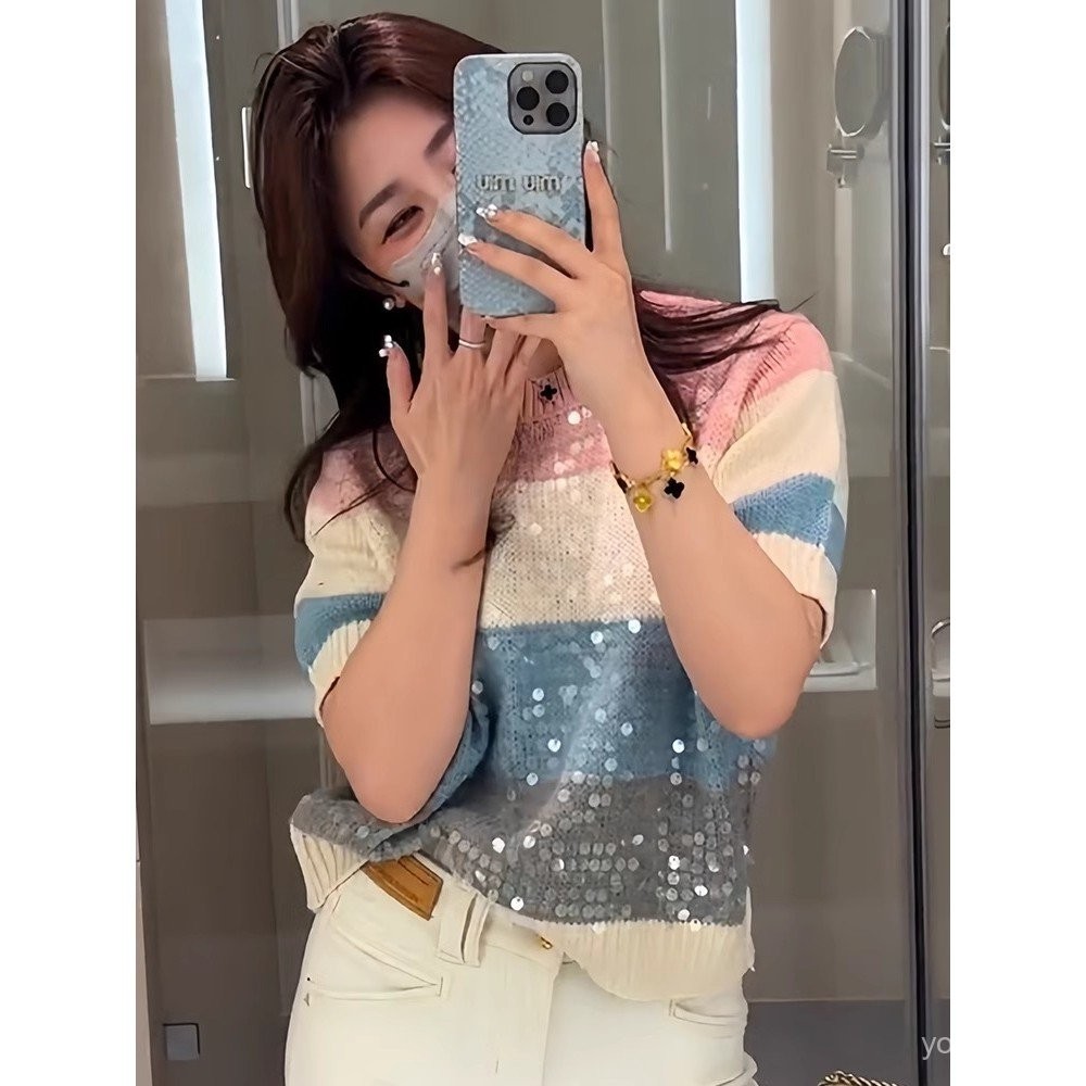 ขนาดใหญ่ เสื้อยืดแขนสั้นคอกลมลายเลื่อมหนาสำหรับผู้หญิง ฤดูร้อน ถักนิตติ้ง ทรงเข้ารูป ใช้งานได้หลากหลาย